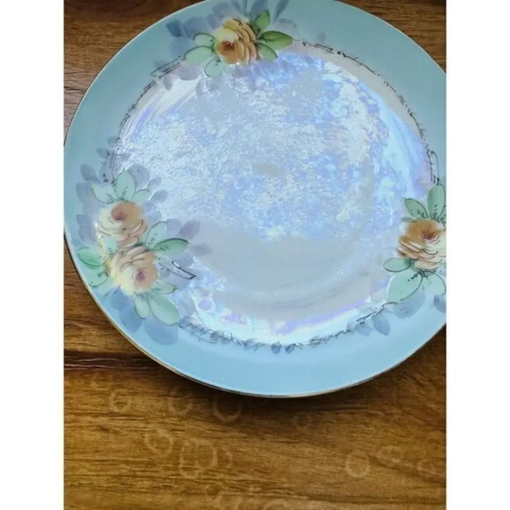 VTG Plate With Yellow Flowers Design Handpainted W/iridescent Center Gold Trim‎